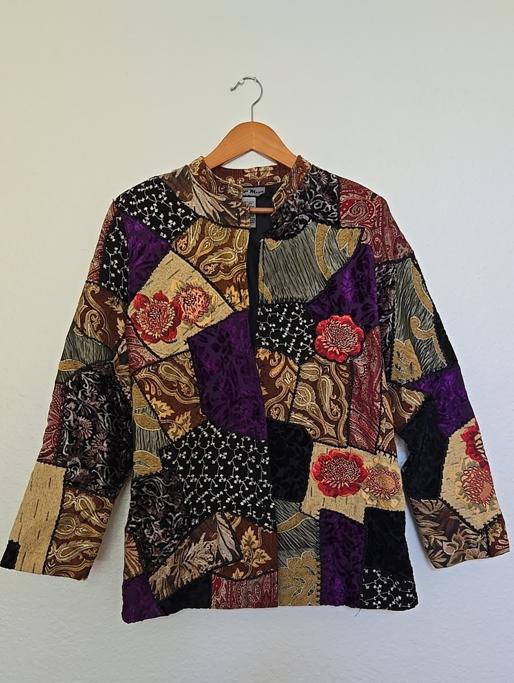 Multi-Color Patchwork Velvet Tunic Bohemiam Jacket with Floral Accents